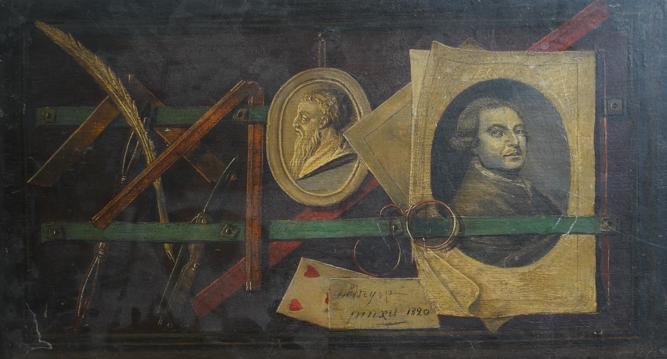 After Dominique Doncre, 1743-1820, A Trompe l'oeil still life of a medallion bust, portrait and playing card